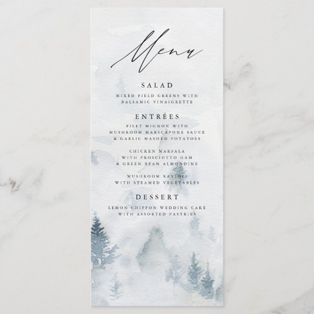 Elegant Winter Forest Wedding Menu Card (Front)