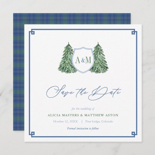 Elegant Winter Forest  Wedding Monogram Tartan Save The Date (Front/Back)