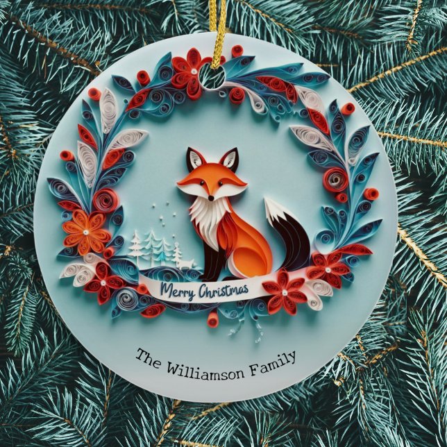 Elegant Winter Fox Nature Themed Merry Christmas Ceramic Tree Decoration (An elegant Christmas tree ornament with picture of a red fox in winter snow with papercraft effect)