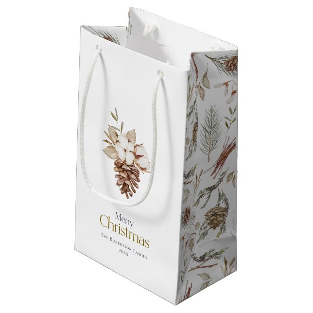 Elegant Winter Gift Bag with Pinecones (Back Angled)