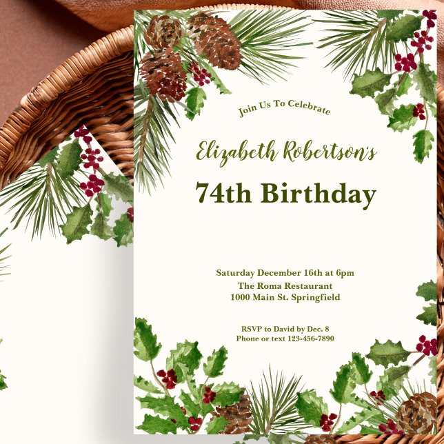 Elegant Winter Greenery 74th Birthday Invitation (Creator Uploaded)