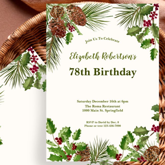 Elegant Winter Greenery 78th Birthday Invitation (Creator Uploaded)