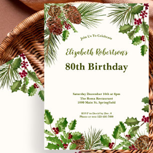 Elegant Winter Greenery 80th Birthday Invitation