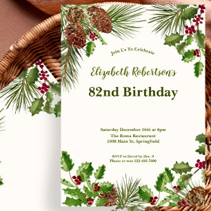 Elegant Winter Greenery 82nd Birthday Invitation