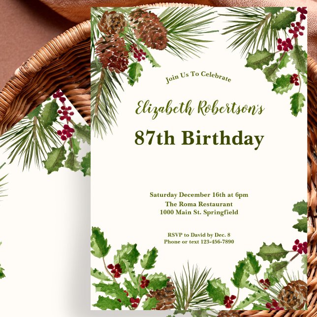 Elegant Winter Greenery 87th Birthday Invitation (Creator Uploaded)
