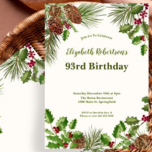 Elegant Winter Greenery 93rd Birthday Invitation