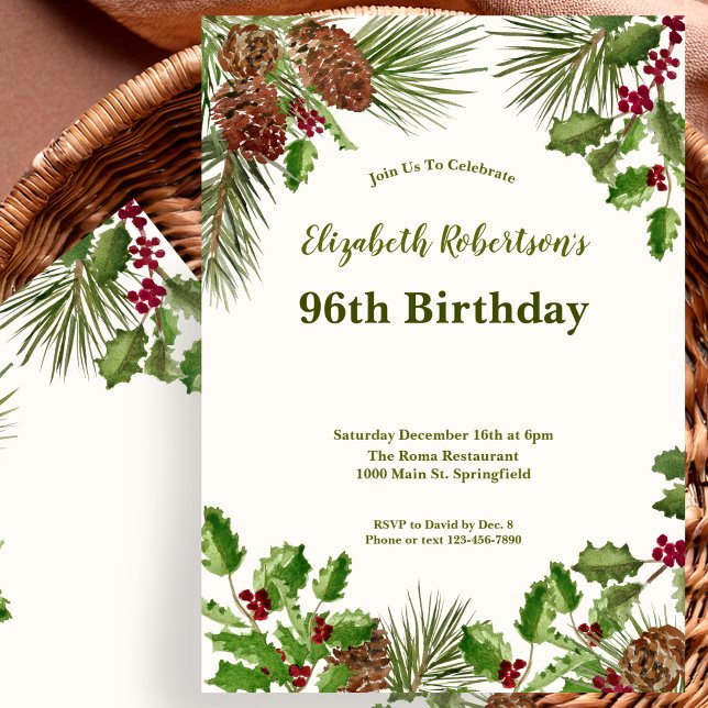 Elegant Winter Greenery 96th Birthday Invitation (Creator Uploaded)