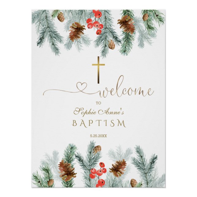 Elegant Winter Greenery Baptism Welcome Sign (Front)