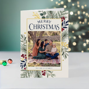 Elegant Winter Greenery Border Merry Christmas Foil Holiday Card