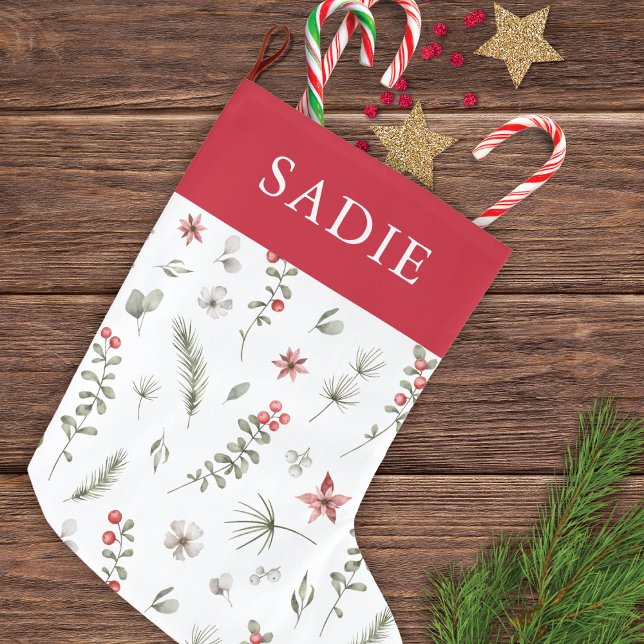 Elegant Winter Greenery Botanical White Large Christmas Stocking (Creator Uploaded)