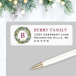 Elegant Winter Greenery Burgundy Monogram Wreath<br><div class="desc">Dress up your envelopes in style this holiday season!  This Christmas return address label features a winter floral greenery watercolor wreath framing a custom burgundy / wine red monogram initial along with elegant burgundy red last name text and dark grey return address text that can be personalised.</div>