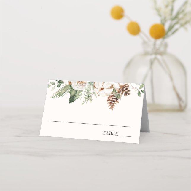 Elegant Winter Greenery Christmas Name Place Cards (Front)
