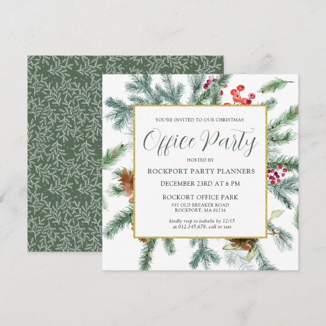 Elegant Winter Greenery Christmas Office Party Invitation (Front/Back)
