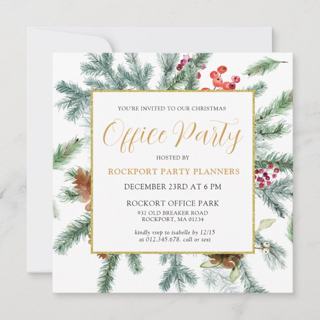 Elegant Winter Greenery Christmas Office Party Invitation (Front)