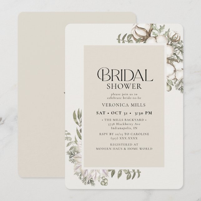 Elegant Winter Greenery Floral Ivory Bridal Shower Invitation (Front/Back)