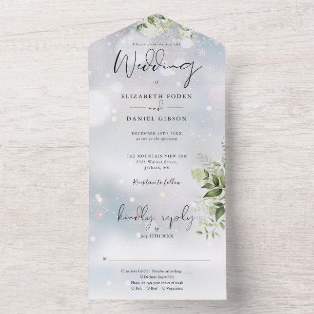 Elegant Winter Greenery Floral Wedding All In One Invitation (Inside)