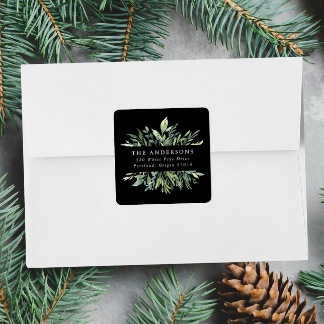 Elegant Winter Greenery Holiday Return Address Square Sticker (Creator Uploaded)