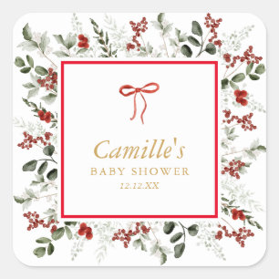 Elegant Winter Greenery & Holly Baby Shower Square Sticker