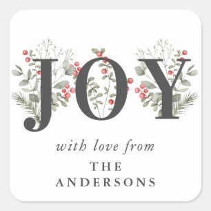 Elegant Winter Greenery JOY Christmas Holiday Square Sticker
