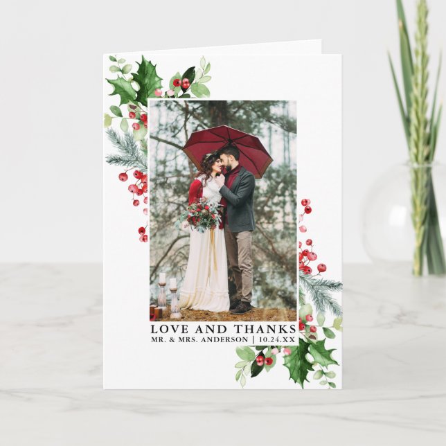 Elegant Winter Greenery Love Thanks Wedding Fold Thank You Card (Front)