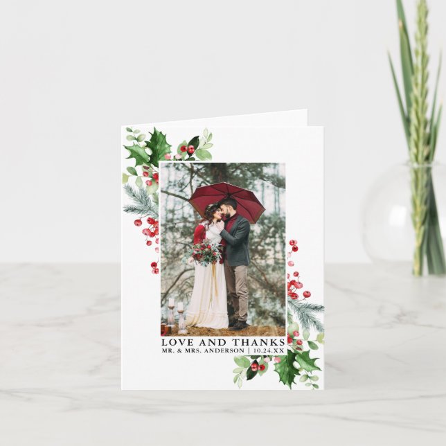 Elegant Winter Greenery Love Thanks Wedding Note Thank You Card (Front)