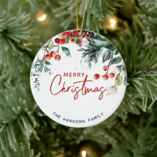 Elegant Winter Greenery Merry Christmas Custom Ceramic Tree Decoration