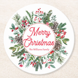Elegant Winter Greenery Merry Christmas Red Script Round Paper Coaster