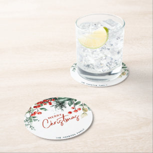 Elegant Winter Greenery Merry Christmas Round Paper Coaster