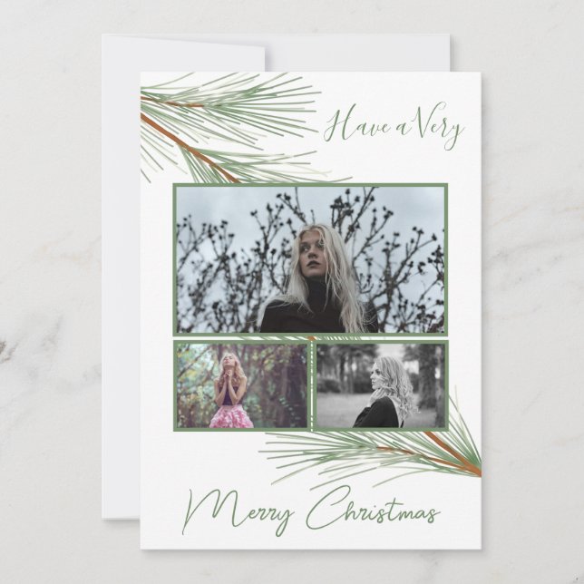 Elegant Winter Greenery Merry Christmas Tree Photo Holiday Card (Front)