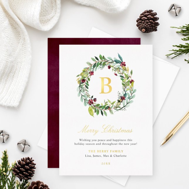 Elegant Winter Greenery Monogram Wreath Gold Foil Holiday Card (Creator Uploaded)