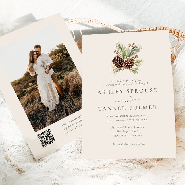 Elegant Winter Greenery Pine QR Code Photo Wedding Invitation (Creator Uploaded)