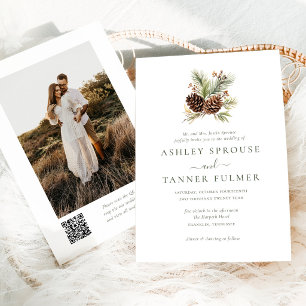 Elegant Winter Greenery Pine QR Code Photo Wedding Invitation