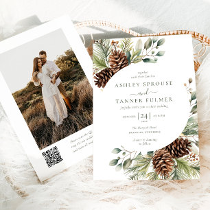 Elegant Winter Greenery Pine QR Code Photo Wedding Invitation