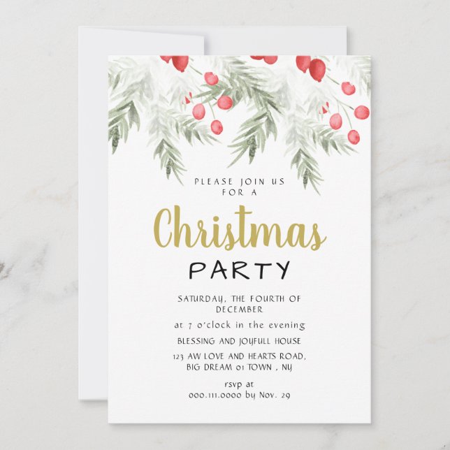 Elegant Winter Greenery Watercolor Christmas Party Invitation (Front)