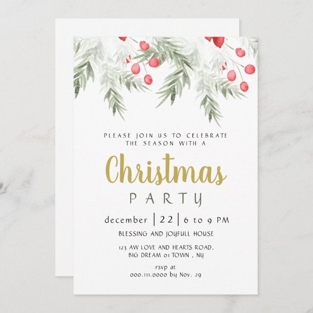 Elegant Winter Greenery Watercolor Christmas Party Invitation (Front/Back)