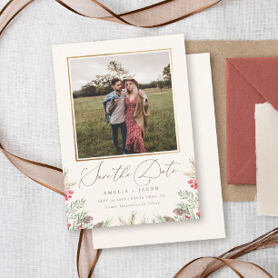 Elegant Winter Greenery Watercolor Wedding Photo Save The Date
