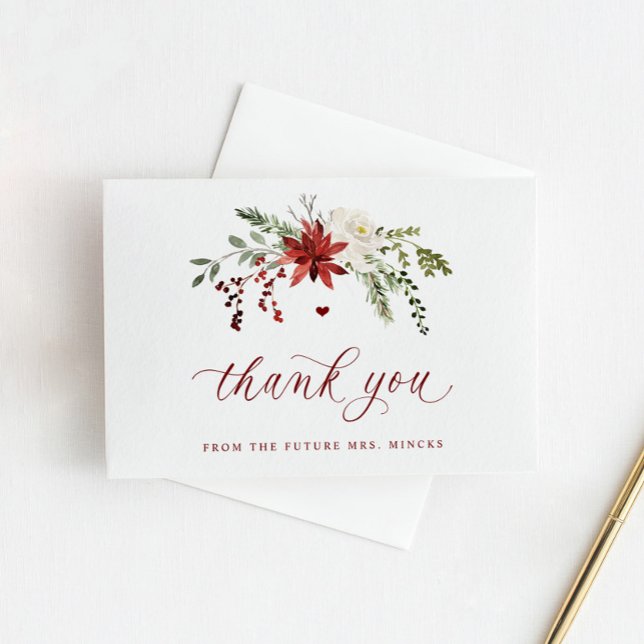 Elegant Winter Greenery Wedding Bridal Shower Thank You Card (Winter bridal shower thank you cards with Christmas greenery and elegant script)