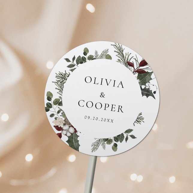 Elegant Winter Greenery Wedding Classic Round Sticker (Creator Uploaded)