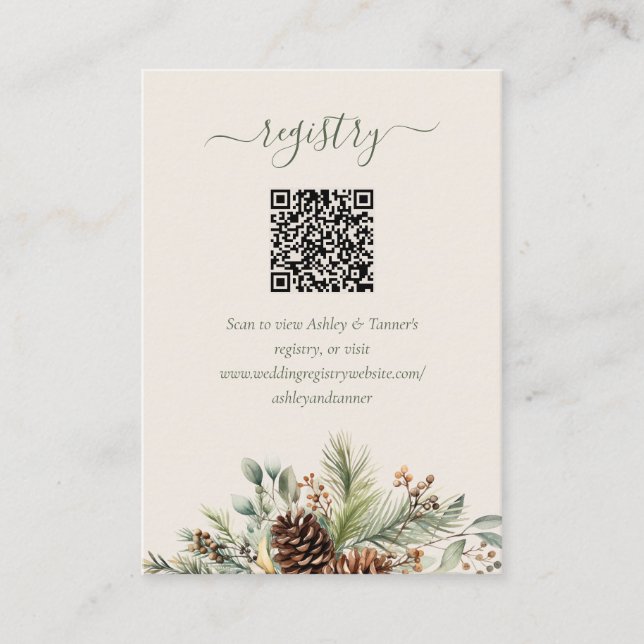 Elegant Winter Greenery Wedding Registry QR Code Enclosure Card (Front)