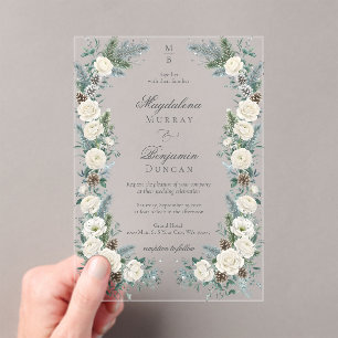 Elegant Winter Greenery White Floral Wedding Acrylic Invitations