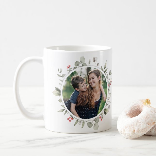 Elegant Winter Greenery Wreath 2 Photo Holiday Coffee Mug (With Donut)