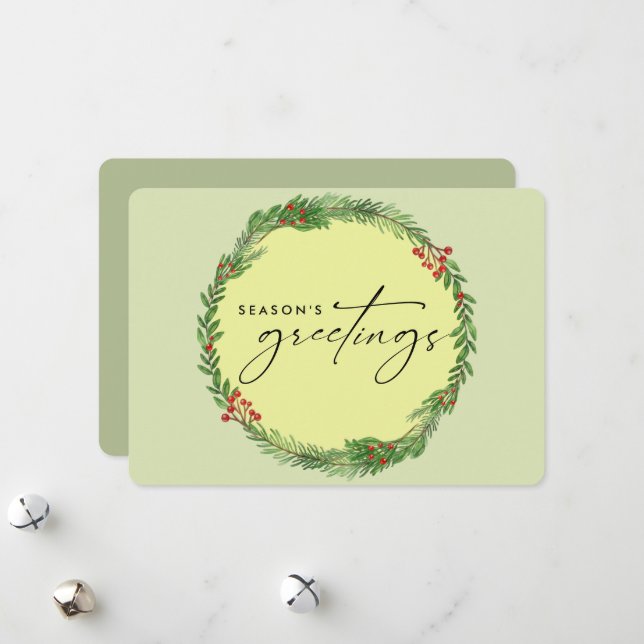 Elegant Winter Greenery Wreath Business ADD LOGO Holiday Card (Front/Back In Situ)