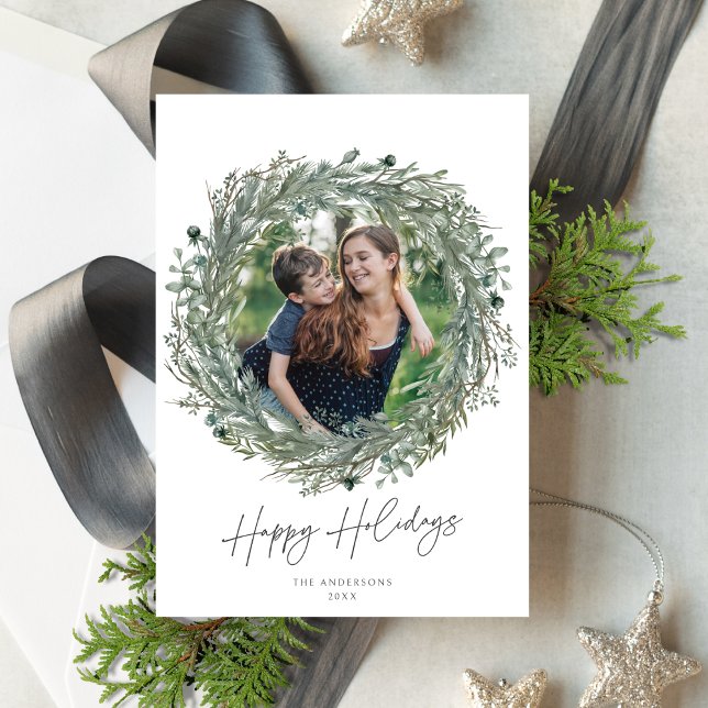 Elegant Winter Greenery Wreath Photo Holiday Card (Creator Uploaded)