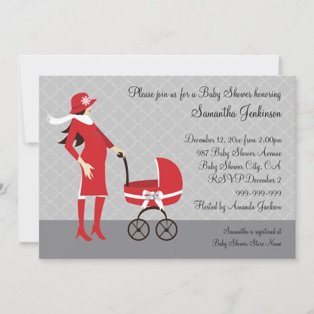 Elegant Winter Grey and Red Baby Shower Invitation (Front)