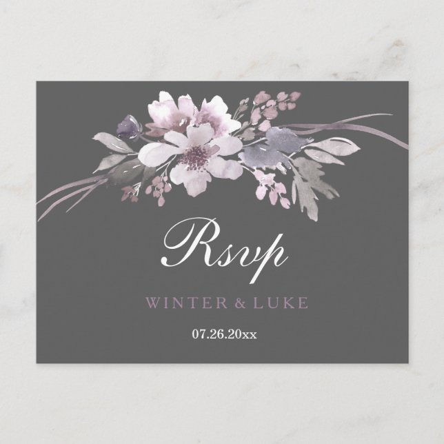 Elegant Winter Grey Floral Wedding RSVP Invitation Postcard (Front)