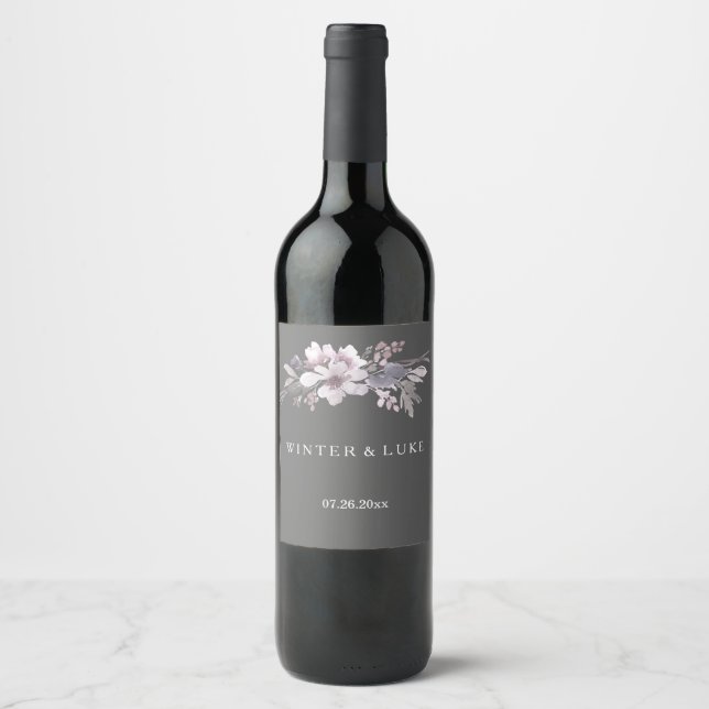 Elegant Winter Grey Floral Wedding Wine Label (Front)