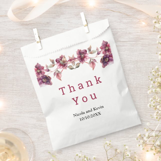 Elegant Winter Hellebore Floral Burgundy Wedding Favour Bags (Clipped)