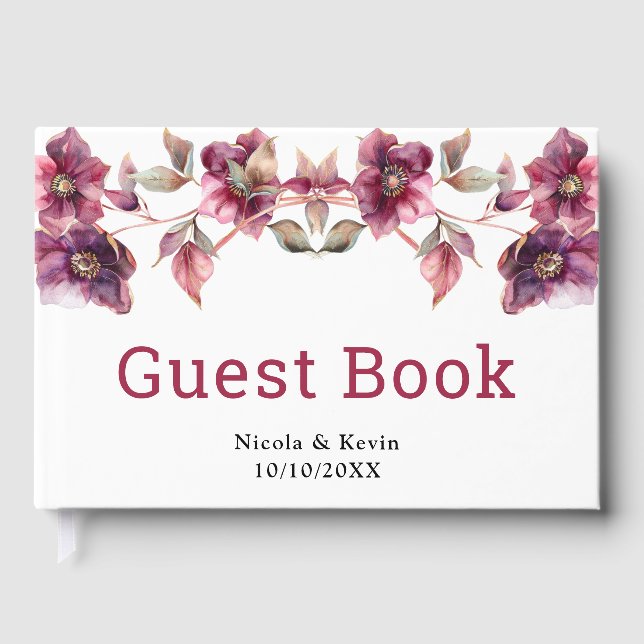 Elegant Winter Hellebore Floral Burgundy Wedding Guest Book (Front)