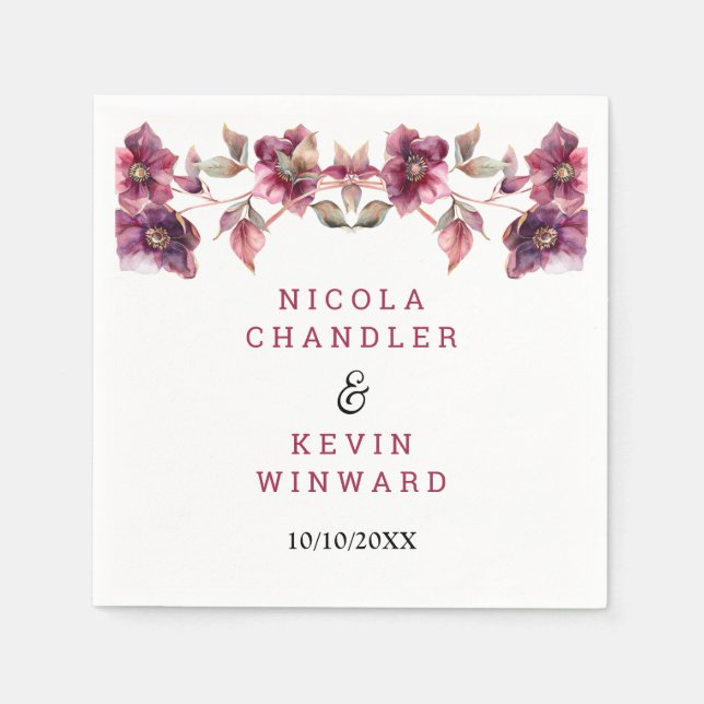 Elegant Winter Hellebore Floral Burgundy Wedding Napkin (Front)