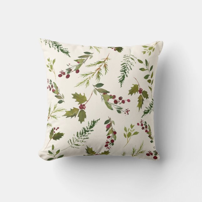 Elegant Winter Holly Berry Greenery Christmas Cushion (Front)
